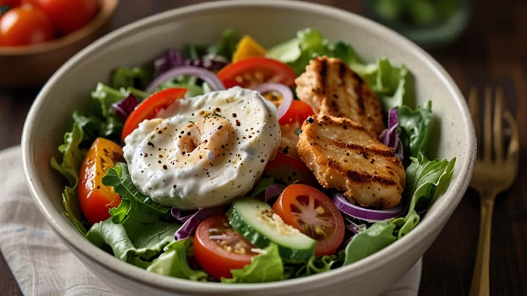 Mix sałat z kurczakiem i sosem czosnkowym: Pyszna sałatka na obiad